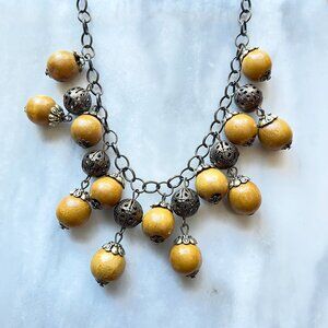 Wood and Bronze Filigree Beaded Necklace & Earring Set